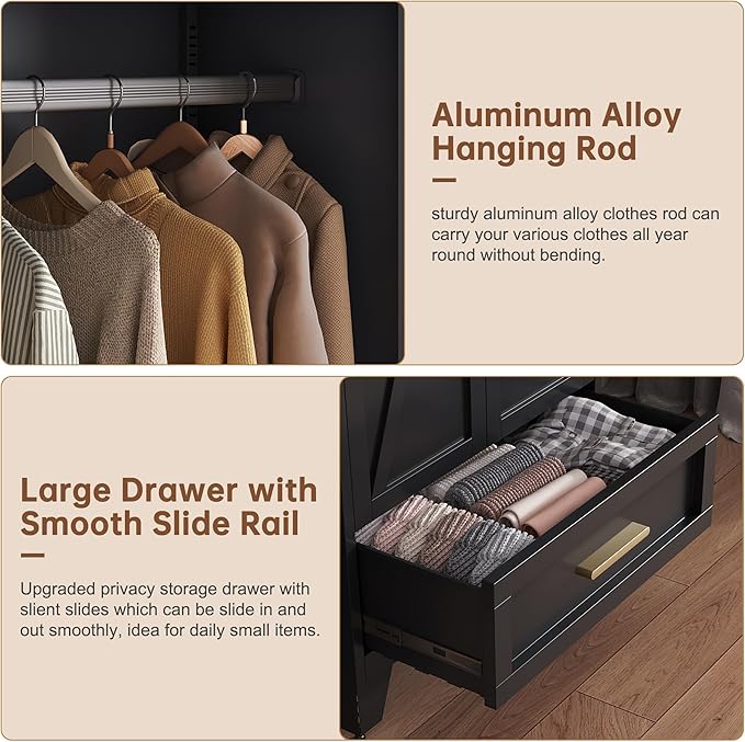 71" Tall Metal Wardrobe Cabinet with Drawer and Hanging Rod, 2 Doors Armoire Wardrobe Closet with Shelf for Bedroom, Office, Laundry Room, Black