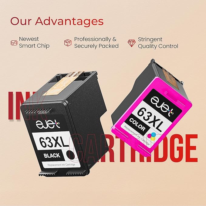 63XL Ink Cartridges Black and Color Replacement for HP 63XL Ink Cartridge Combo Pack Work with OfficeJet 3830 4650 5255 Envy 4520 4512 Deskjet 1112 3630 3634 3639 Printer (2 Black, 1 Tri-Color)