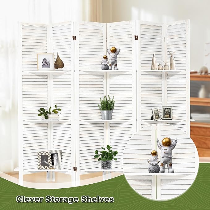 NicBex 6 Panel Room Divider,5.6FT Wood Carved Room Dividers with Display Shelves Folding Privacy Screens Portable Freestanding Partition Wall Dividers for Room Separation,Home Bedroom Office,White