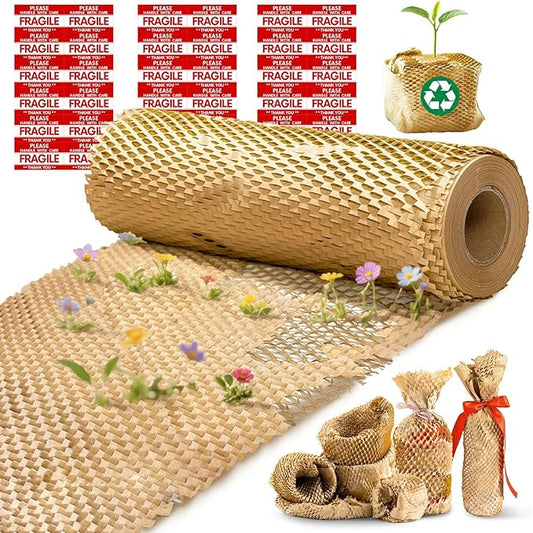 Honeycomb Packing Paper, 12"x300' Brown | Perforated Honeycomb Packing Paper Recyclable Moving Supplies for Shipping & Moving | Plastic-Free Alternative to Bubble Cushion Wrap with 36 Fragile Stickers