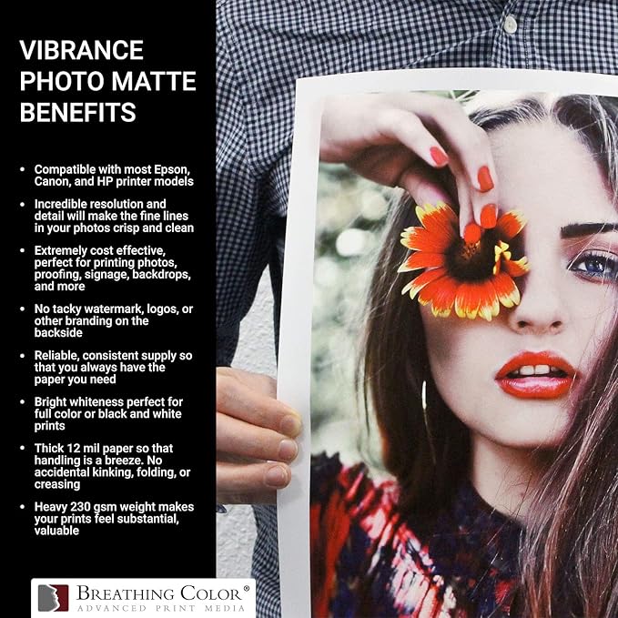 Vibrance Matte Photo Printer Paper 12 mil 230 gsm Matte Finish Premium Photo Paper Roll on 3in Core 44 inches x 100 ft Works with Most Inkjet Printer Professional Makes and Models Like Epson Canon HP
