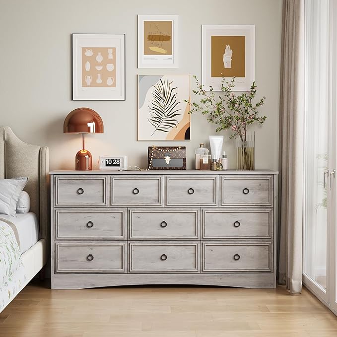 LGHM Modern Large 10 Drawer Dresser, Long Dressers for Bedroom, Chest of Drawers Closet Organizers and Storage Clothes - Textured Borders, 6" Deep Drawer for Living Room, Hallway, Gray