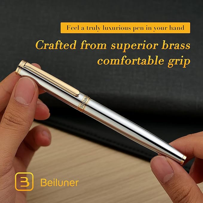 BEILUNER Silver Chrome Fountain Pen,Stunning Luxury Pens with 24K Gold Accents, Gorgeous 24K Gilded Nib(Fine), Ink Converter,Fancy Pen Gift for Men&Women-Elegant, Office, Reliable,Nice for Writing