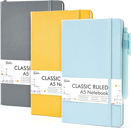 feela Hardcover Notebook For Work, Classic Ruled Lined Journal Set School Business Supplies, with 3 Black Pens, 120 GSM, 5.1”x8.3”, 3 Pack, A5, Solid Colors, Gray, Yellow, Light Blue