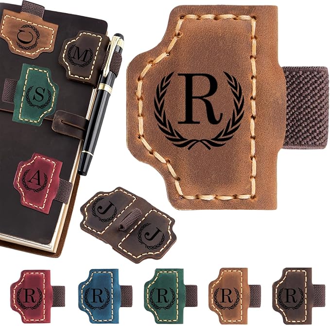Personalized Magnetic Leather Bookmark with Pen Holder - 26 Letters Custom Book Mark with Name Initial Engraved Book Marker for Readers, Book Lovers, Travelers - Gift for Women & Men(Light Brown，R