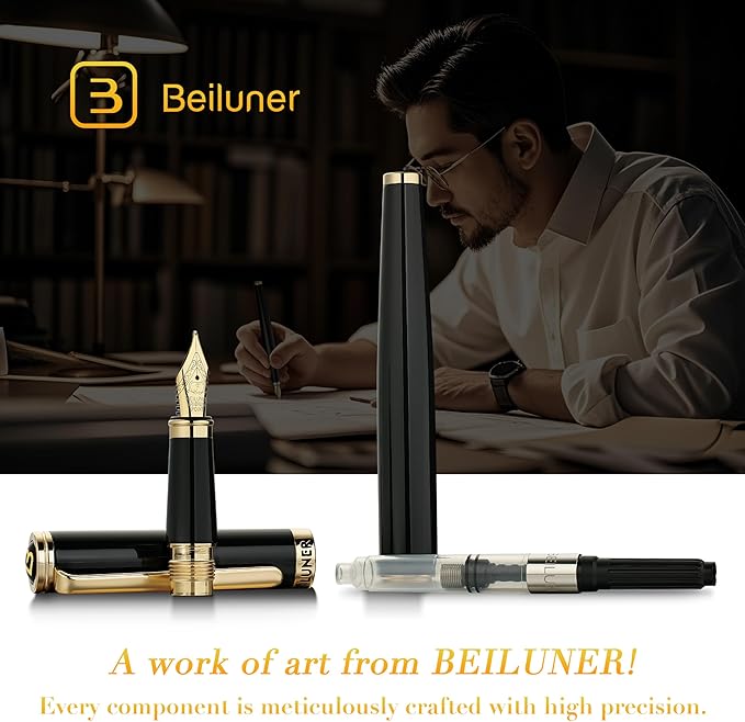 BEILUNER Black Fountain Pen,Stunning Luxury Piano Lacquer,24K Gilded Nib(Fine),Gorgeous 24K Gold Finish, Ink Converter,Trustworthy Gift for Men&Women-Elegant, Reliable,Executive,Nice Pens for Writing