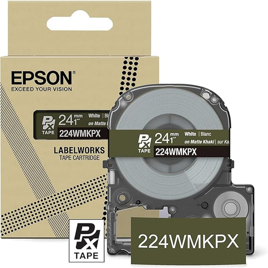 Epson LABELWORKS 224WMKPX Genuine PET (Polyester) Tape Cartridge - White on Matte Khaki Designer Craft Label Maker Tape - 1" (24MM) Wide, 26'