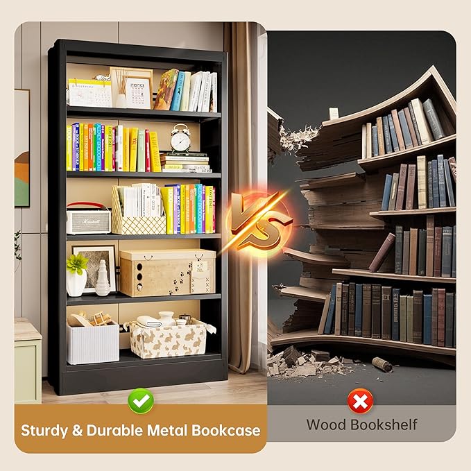 5-Tier Bookcase with Adjustable Storage Shelves, Metal Bookshelf with Book Stopper, Bookcase Shelf for Library, Office, Living Room