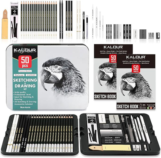 KALOUR 52-Pack Sketch Drawing Pencils Kit with Two Sketchbook,Tin Box,Include Graphite,Charcoal and Artists Tools,Pro Art Drawing Supplies for Adults Beginner Kids