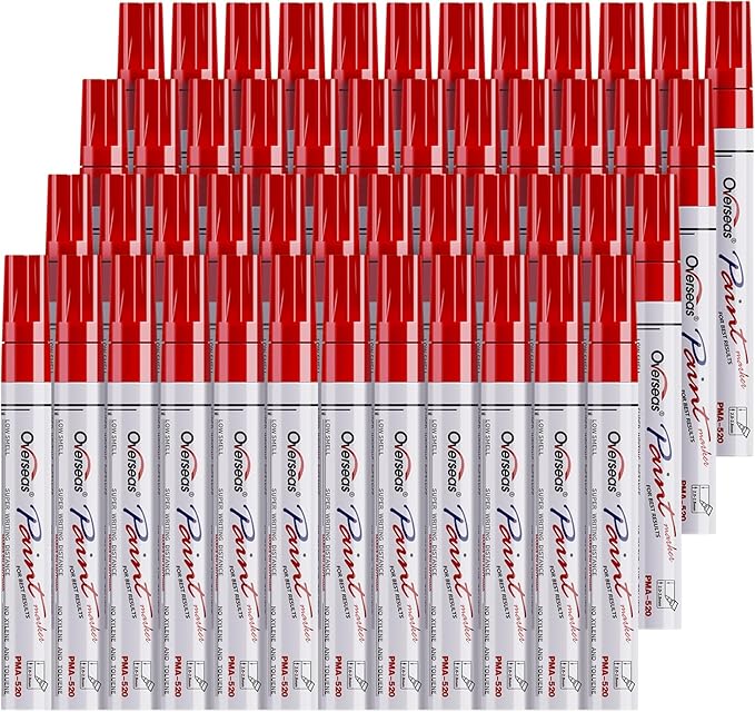 Overseas 48 Red Paint Pens, Oil Based Permanent Markers Set - Quick Drying, Waterproof, Fade-Resistant, Medium Tip Paint Markers Bulk for Wood, Metal, Rock, Ceramic, Plastic, Canvas, Glass, Rubber