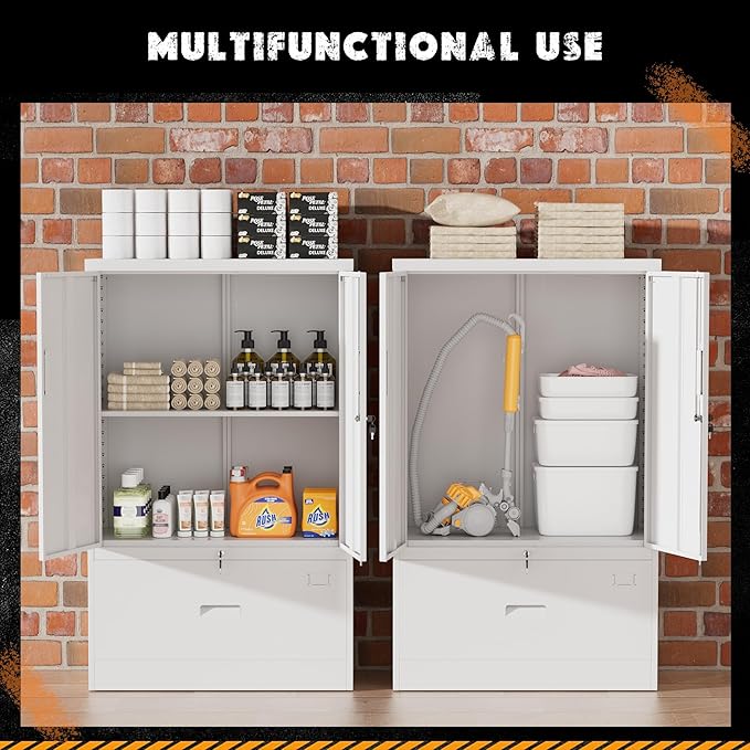 INTERGREAT Metal Storage Cabinet,Metal File Cabinet with Lockable Doors and Adjustable Shelves，Pantry Storage Cabinets for Garage,Home Office,Kitchen(White)