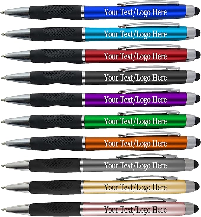 Personalized Pens With your Custom Logo or Text-300 Pack Bulk-for Businesses, Parties, and Events, 2 in 1 Ballpoint Pen + Capacitive Stylus for Touchscreen Devices, Silver Barrel, Blue Ink