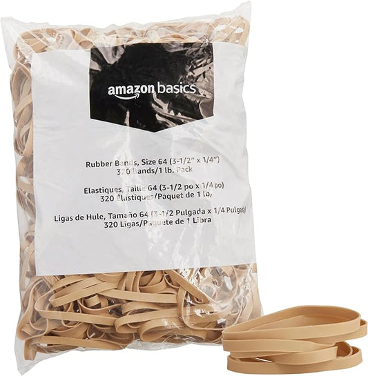 Amazon Basics Rubber Bands, Size 64 (3-1/2 x 1/4 Inch), 320 Bands/1 lb Pack, 25-Pack, Tan