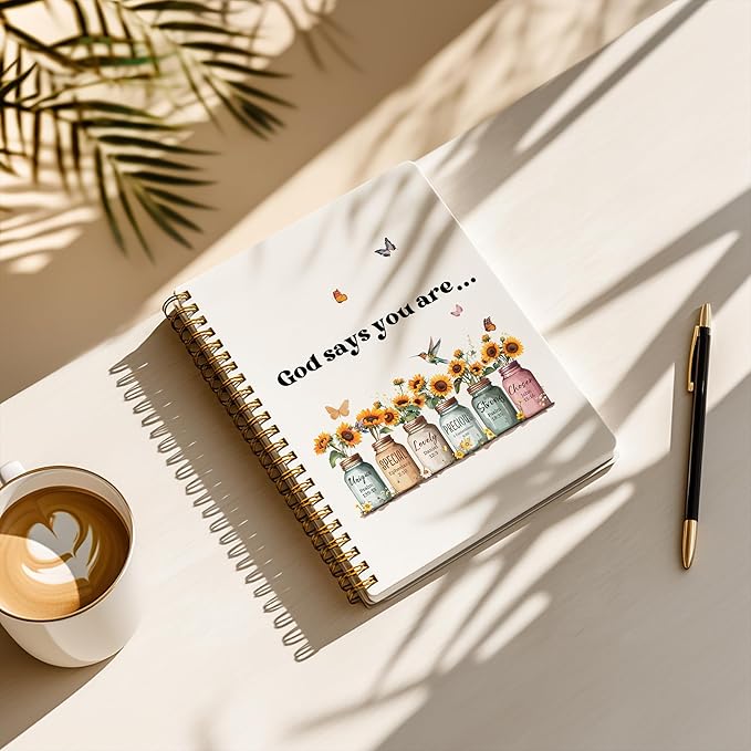 Bible Notebook, A5 Spiral Christian Journal with Sunflower Notebook, Bible Verse-God Says You Are, Inspirational Notebooks for Women, Bible Study, Gift for Birthday Christmas, Office Supplies