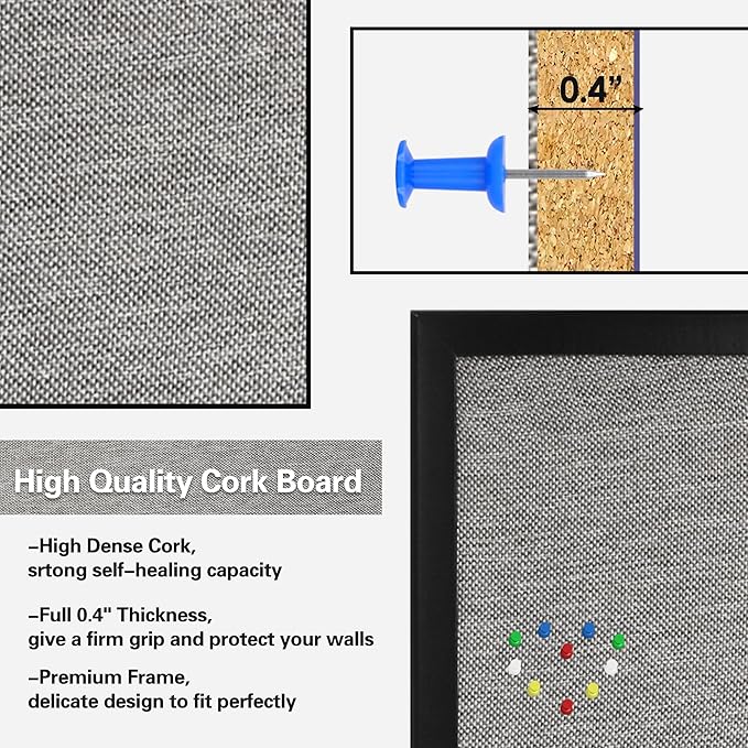 SHANTRA 24 x 18 Inch Bulletin Board with Grey Fabric, Wood Framed Canvas Cork Board, Corkboard for Walls with 10 Pins, Decorative Vision Board, Wall Mounted Notice Board for Home, Office, School