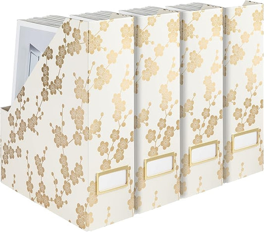 BLU MONACO Decorative Foldable Magazine Storage Boxes for Desk – Set of 4 with Gold Floral Pattern & Gold Label Holder – Ideal for Book Organization & Vertical File Storage