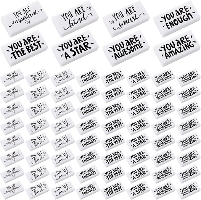 PerKoop 100 Pcs Back to School Inspirational Small Pencil Erasers Bulk for Kids, White Cute Fun Motivational Erasers Gifts for Teachers Students Classroom Reward First Day of School Supplies