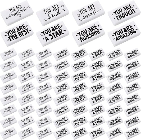 PerKoop 200 Pcs Back to School Inspirational Small Pencil Erasers Bulk for Kids, White Cute Fun Motivational Erasers Gifts for Teachers Students Classroom Reward First Day of School Supplies