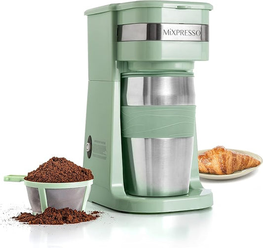 Mixpresso Green Personal Single Serve Coffee Maker with 14oz Travel Mug, Drip Small Coffee Maker with Auto Shut Off, Reusable Filter, Works with Ground Coffee Only – Not for K-Cup Pods