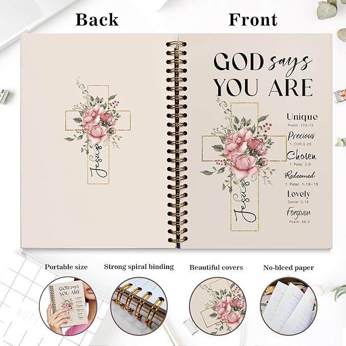 Bible Notebook, A5 Spiral Christian Journal with Floral Pink Butterfly Notebook, Bible Verse-God Says You Are, Inspirational Notebooks for Women, Bible Study, Gift for Birthday Christmas