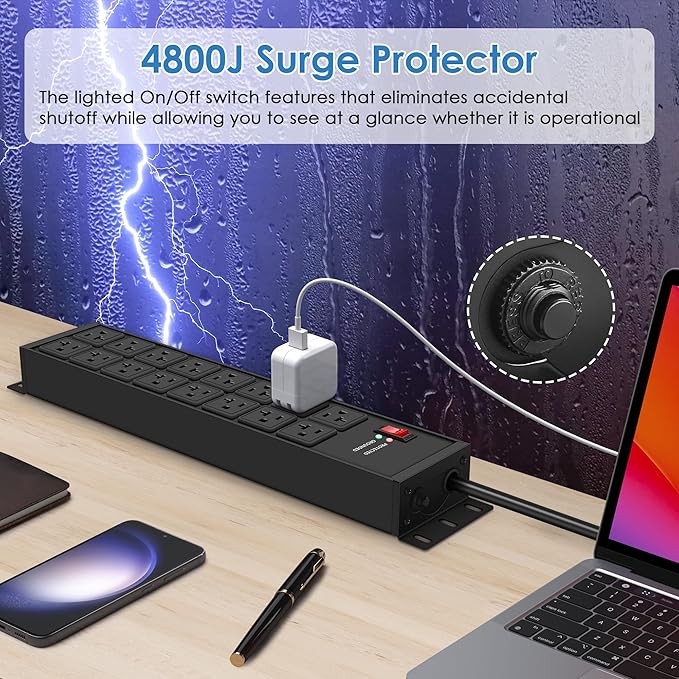 JUNNUJ Heavy Duty 20 Amp Power Strip 4800J, 16 Outlets 12 Gauge Garage Industrial Surge Protector, High Amp 5-15P Adapter Shop 6-20R T-Slot Metal Outlet, 15 FT Extension Cord Commercial for Appliance