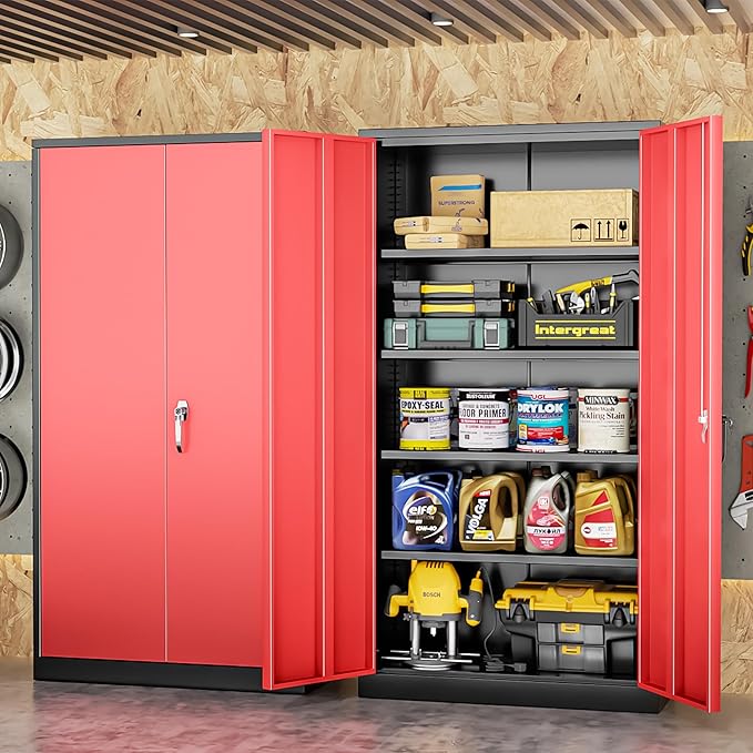 INTERGREAT Garage Storage Cabinet with Lockable Door, 72" H Metal Locking Cabinets with 4 Adjustable Shelves,Black Red Steel Cabinets Storage for Home Office, Warehouse，School