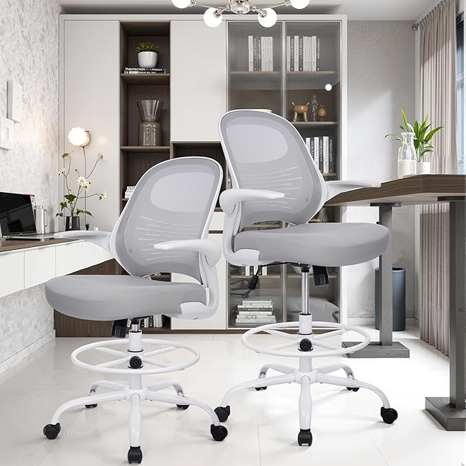 HYLONE Tall Drafting Chair Standing Desk Chair with Flip-Up Armrests, Adjustable Height Ergonomic Office Chair with Footrest Ring - High Stool Chair for Standing Desk (Light Grey)