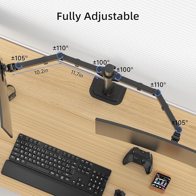 Suptek Dual Monitor Arm Desk Mount,Ultrawide Dual Monitor Arm for 2 Monitor Screens up to 42 inches and Max 22lbs Each,Extra Tall 15.75" Pole Fully Adjustable Monitor Stand for Desk,Black(MD9442LB)