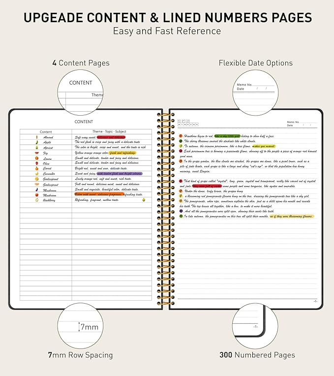 B5 Spiral Notebook Journal 7.6” x 10”, 300 Numbered Pages Hardcover Leather Journals for Women Men, Large Lined College Ruled Notebooks, 100GSM Thick Paper, Spiral Bound Journal for Work School, Black