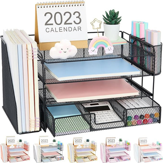 Desk Organizer and Accessories, 4-Tier Desktop File Organizer with Drawer and 2 Pen Holders, Office Desk Accessories for Office Supplies(Black)