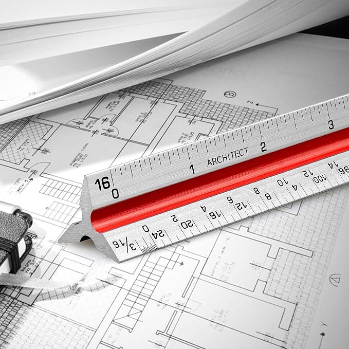12" Architectural Scale Ruler Aluminum Architect Scale Triangular Scale Ruler for Architects, Draftsman, Students and Engineers, Color-Coded (1 Pack)