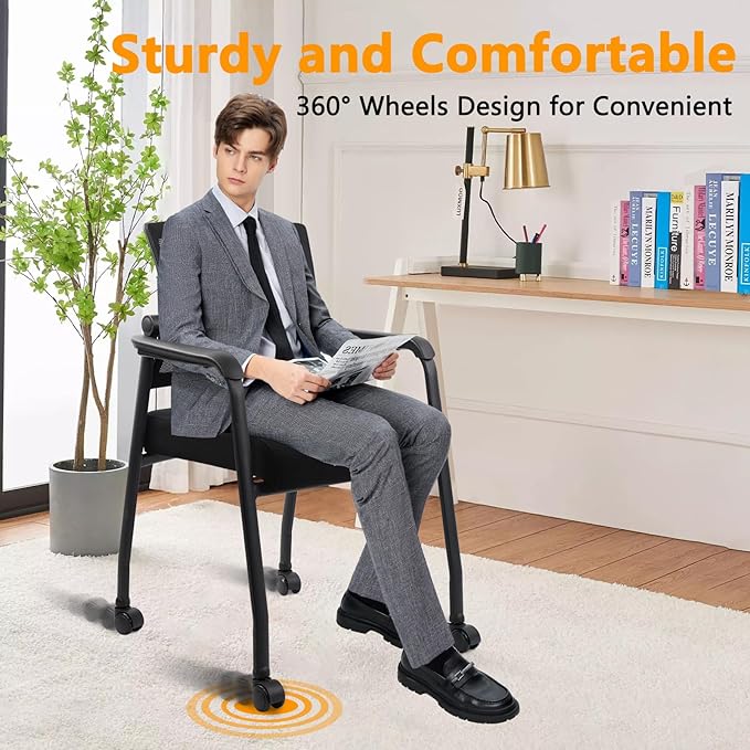 Waiting Room Chairs with Wheels, Adjustable Mesh Backrest, Desk Chair with Ergonomic Lumbar Support and Thickened Seats Cushion, 4 Pack Black