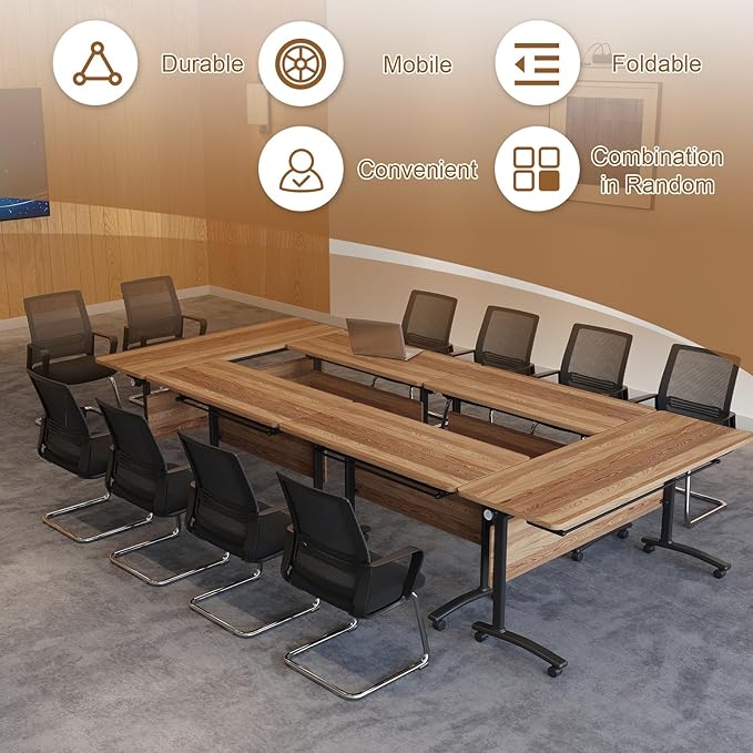 Folding Conference Room Table, Modern Conference Tables with Silent Wheels, Large Rectangular Mobile Training Tables for Office Classroom, Foldable Modular Boardroom Seminar Table (2pack L63in)