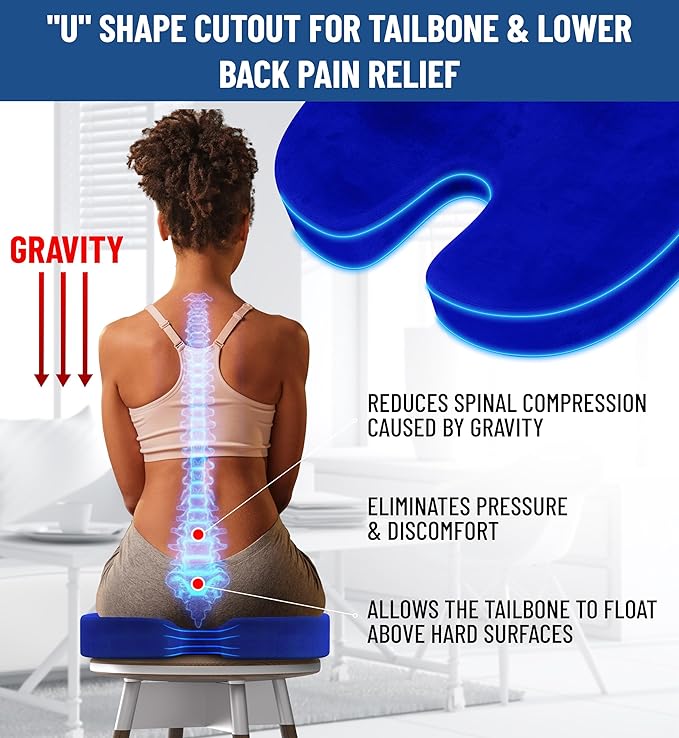Everlasting Comfort Doctor Recommended Memory Foam Seat Cushion for Office Chairs & Car Seat - Ergonomic Office Desk Accessories for Tailbone Pain Relief, Sciatica & Back Support