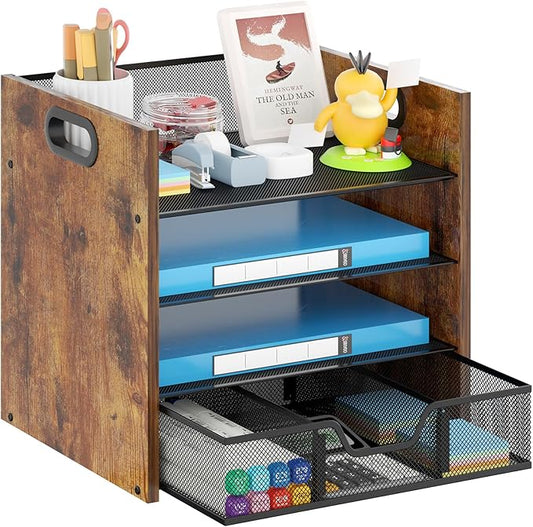 Wood Desk Organizer - 4-Tier Desktop File Organizer with Drawer, Wooden Paper Tray, Office Desk Organizer for Papers, Mail, Notebooks, Stationery