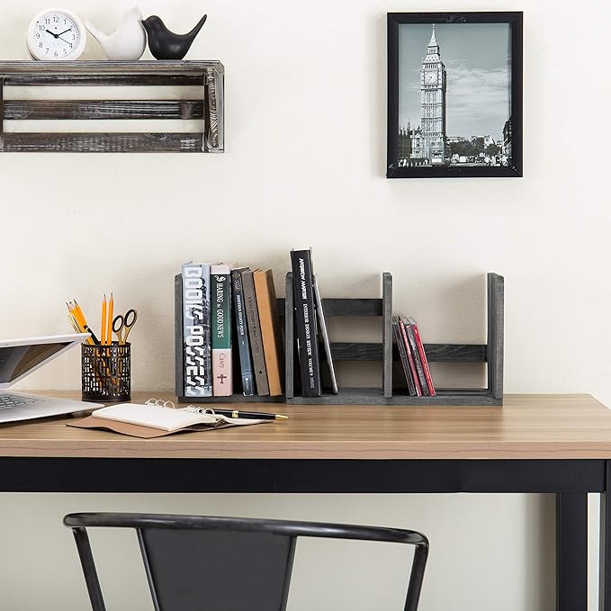 MyGift Barnwood Gray Wood Desktop Bookshelf Organizer, Expandable Adjustable Display Shelf Book Rack