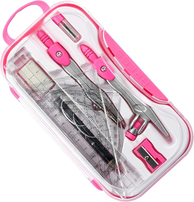 10 Pieces Math Geometry Kit Set Student Supplies with Shatterproof Storage Box,Includes Rulers,Protractor,Compass,Eraser,Pencil Sharpener,Lead Refills,Pencil,for School and Drawings（Pink）
