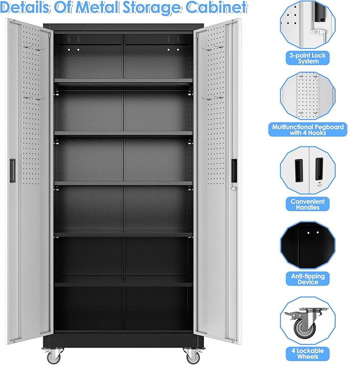 Aobabo Garage Storage Cabinet with Wheels, Metal Storage Cabinet with 5 Adjustable Shelves for Garage Home, Black&Silver,71" H*34''W*18''D,Required-Assembly,