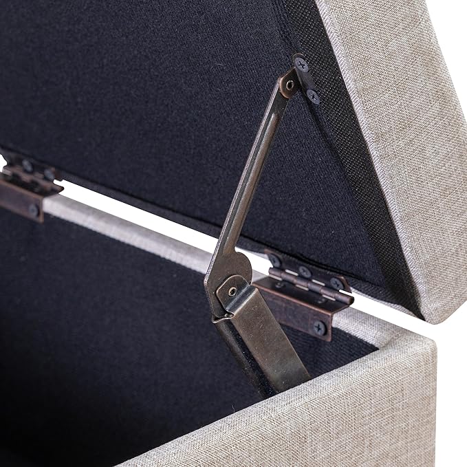 Adeco 18 Inch High Cube Ottoman Storage, Linen Chair Foot Stools, Upholstered Vanity Stool with Hinged Lid, Solid Wood Legs (Beige Grey)