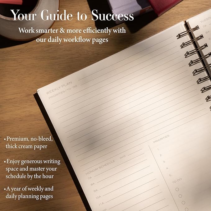 Anecdote Planner 2025 (8.5" x 10") Daily Planner Weekly Monthly Planner - 52 Weeks w/Library Buckram Cover, Brass Spiral - A4 Size Bleed-Resistant Paper – Dutch Blue