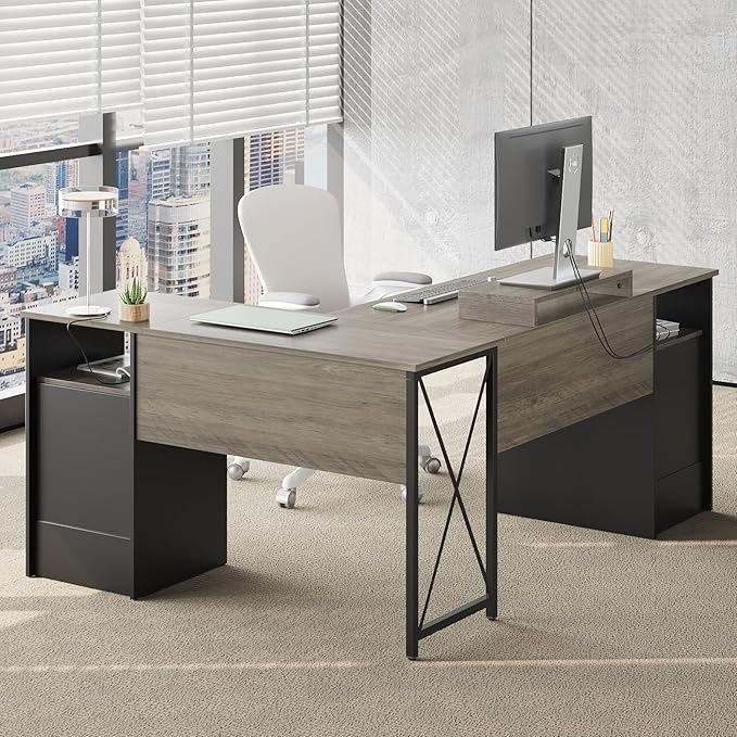 Bestier L Shaped Desk with 4 Drawers, 63" x 47" Executive Desk with Open Storage & Monitor Stand, Corner Desk with 2 File Drawers & Modesty Panel for Home Office, Gray