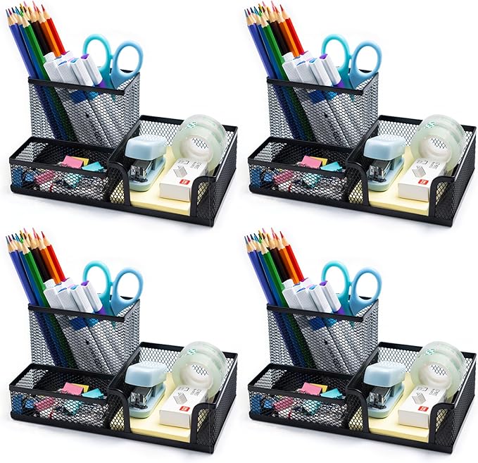 4 Pieces Mesh Pen Holder Desk Organizers and Accessories for Deskop Organizer,3 Compartments Black Pencil Holder for Office Supplies,Gifts for Colleague