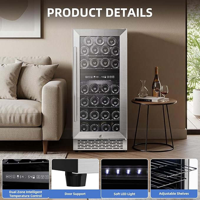 Antarctic Star Wine Fridge 15 Inch Wine Cooler Refrigerator,27 Bottles Dual Zone Freestanding or Bulit-in Wine Cooler Fridge with Stainless Steel Double-Layer Tempered Glass Door,3.1cu.ft
