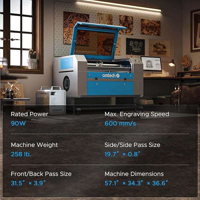 OMTech 90W CO2 Laser Engraver with Water Chiller, 28"x20" Cutting & Engraving Machine with Autofocus, Air Assist, 4-Way Pass, Autolift, RDWorks, for Wood, Glass, Acrylic & More