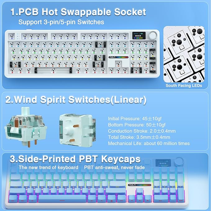 AULA F108 PRO - Wireless Mechanical Keyboard with Screen&Knob,Hot Swappable Gaming Keyboard with 8000mAh Battery,Pre-lubed Switches,RGB Backlit,PBT Keycaps Creamy Sounding Computer Keyboards,104 Keys