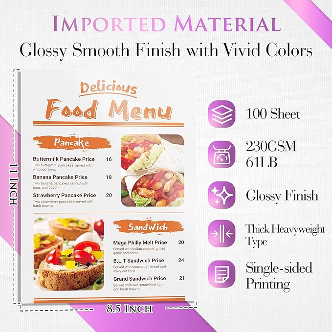 A-SUB Heavyweight Glossy Photo Paper 8.5 x 11 Inch 61lb 230GSM Thick Photo Printer Paper for DIY Cards Calendars for Inkjet Printers 100 Sheets