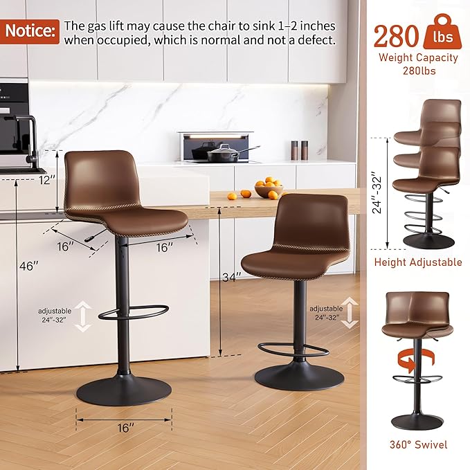 HeuGah Swivel Bar Stools Set of 2, Adjustable Counter Height Barstools with Back, Brown Faux Leather Bar Chairs for Kitchen Island (Brown, Set of 2 (24'' to 32''))
