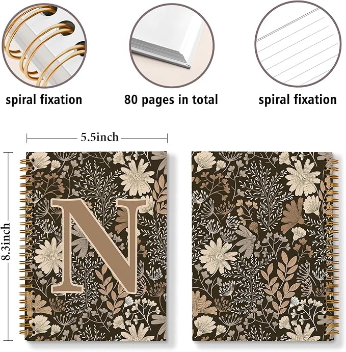 Initial N Personalized Journal Notebook, Boho Floral Journaling Notebooks for Women Girls, Costom Monogrammed Gifts for Women Mom Girls Friends, Letter Spiral Notebook, 5.5x8.3