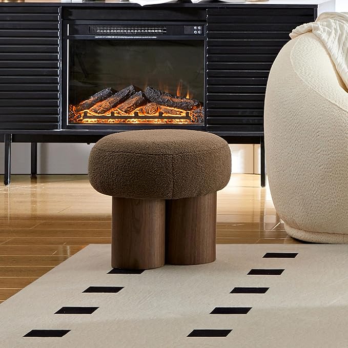MEETAKING Small Round Foot Stool, Teddy Fabric Footrest Ottoman Stool with Non-Skid Legs, Modern Footstools Step for Couch, Desk, Office, Living Room (Brown)