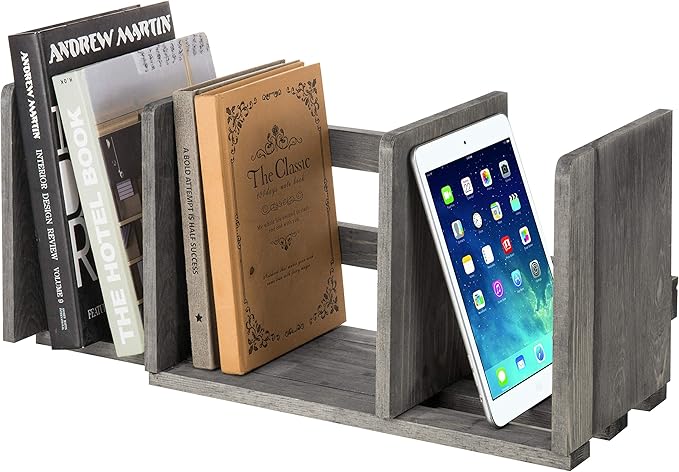 MyGift Barnwood Gray Wood Desktop Bookshelf Organizer, Expandable Adjustable Display Shelf Book Rack